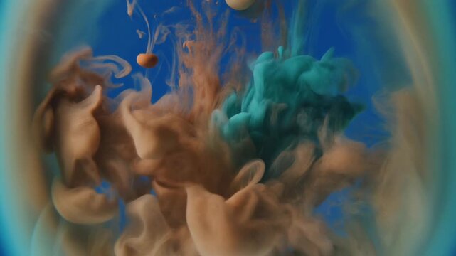 Abstract brown and teal paint swirls mixing in blue water. Dynamic fluid motion background for creative art projects.