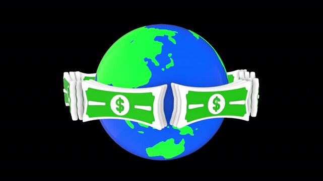 Cartoon dollar bills orbiting a globe, perfect for finance, business, banking, global economy, wealth, payments, and international currency projects. 10-second animation with transparent background.