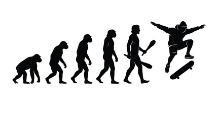 Obraz premium Evolution of humanity from primate to modern skateboarder depicted in a detailed black vector graphic illustration