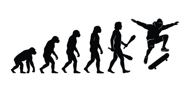 Evolution of humanity from primate to modern skateboarder depicted in a detailed black vector graphic illustration