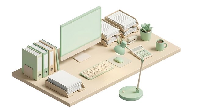 Isometric green office desk with computer, files, lamp, calculator, and documents on white surface
