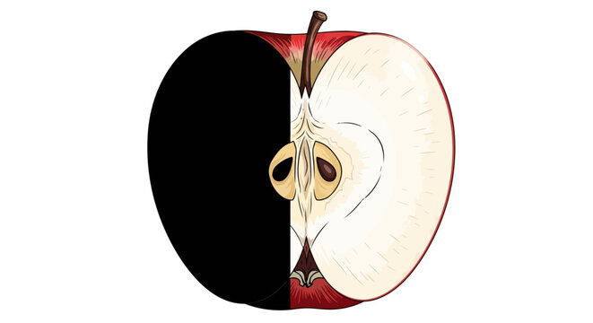 Illustration of a halved red apple with seeds exposed on white background with revealing seeds inner texture against plain white backdrop cut half