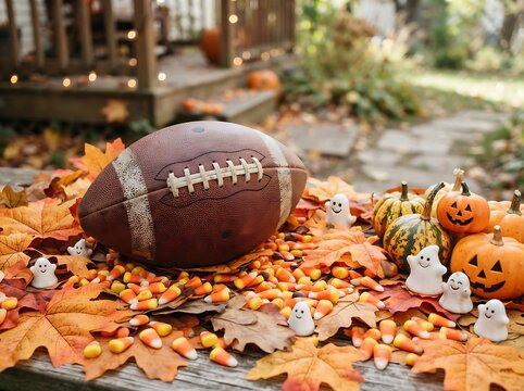 Rugby style ball placed among colorful fall foliage and jack o lantern pumpkins with cute ghost characters on wooden surface.