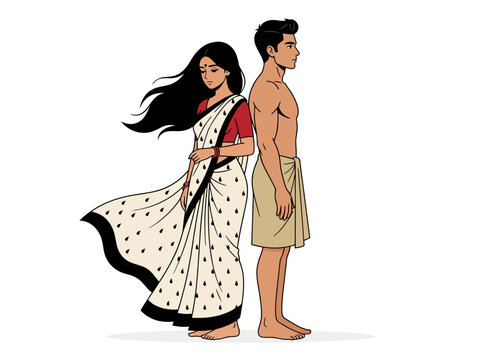 Minimalist Illustration of an Indian Couple in Traditional Attire Standing Back to Back