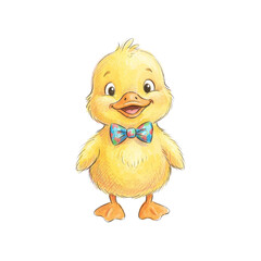 Fototapeta premium Whimsical children book illustration of an adorable tiny yellow duckling wearing a bow tie in naive folk art style
