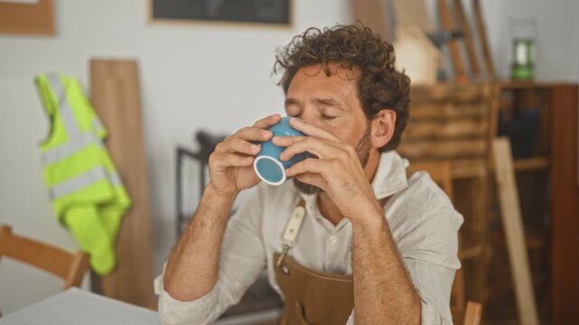 Man carpenter in apron holding blue mug with both hands and sipping coffee at a studio table among wood planks and tools; contentment break.