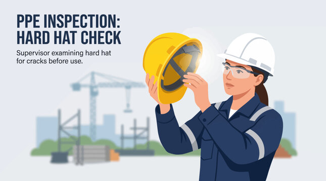 A supervisor in safety gear inspects a yellow hard hat for damage at a construction site, emphasizing PPE safety checks.