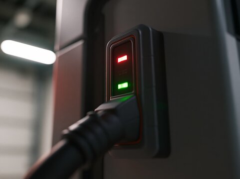 Close-up of an electric vehicle charging station with a charging cable plugged in and indicator lights showing charging status, highlighting technological advancement in sustainable energy.