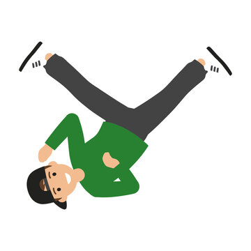 A flat vector illustration of a young man performing a breakdance move wearing a green sweater and cap
