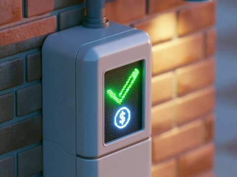 A close-up of a charging station shows a glowing green checkmark and a dollar sign on its screen, illuminated by artificial light against a brick wall, suggesting convenience and cost-effectiveness.