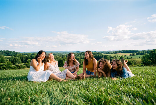 Group of six young women lying in green grass field laughing