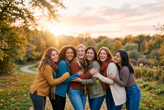 Group of six women laughing together in autumn field landscape