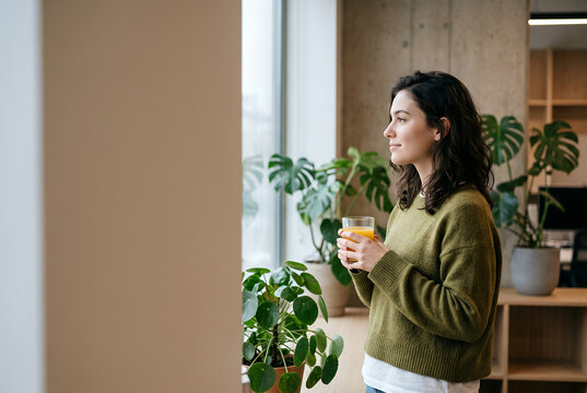 Woman by window with potted plants holding orange juice morning