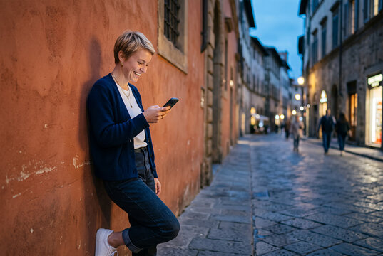 Woman leaning against red wall holding phone on urban evening street