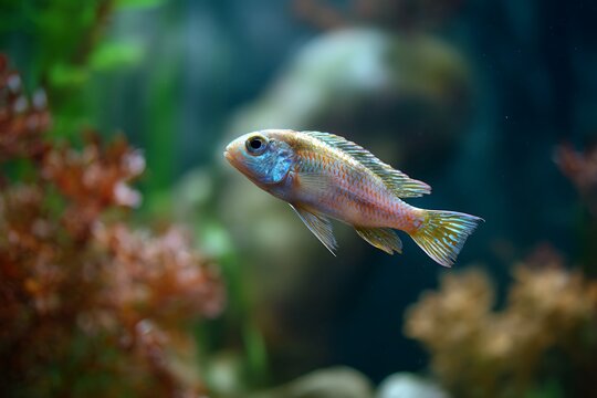 A vibrant fish swims gracefully in a lush aquarium, surrounded by colorful plants and a serene atmosphere.