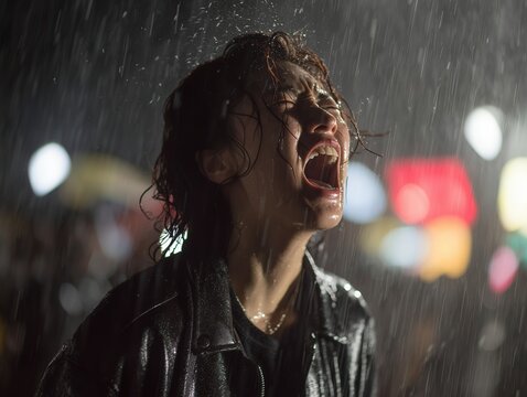 雨の夜に感情を解き放ち叫ぶ女性が葛藤と解放を全身で表現するドラマチックな瞬間