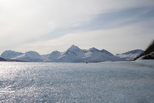 Frozen lake on winter day in Alaska