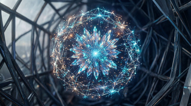 Crystalline energy nodes digital security perimeter hovering within a geometric wireframe spatial construct for abstract technology concepts