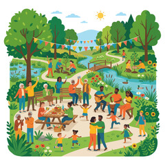 Fototapeta premium Diverse Group of People Enjoying a Vibrant Community Picnic and Nature Celebration in a Lush Park Setting