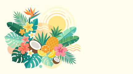 Fototapeta premium A vibrant illustration of tropical fruits, exotic flowers, and lush green leaves, set against a stylized sun and abstract shapes, evoking a summer vacation theme.
