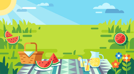 Fototapeta premium A vibrant flat illustration of a summer picnic scene in a green field with watermelon, lemonade, and a picnic basket under a sunny sky.