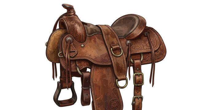 Detailed hand drawn vintage brown leather western horse saddle with stirrups