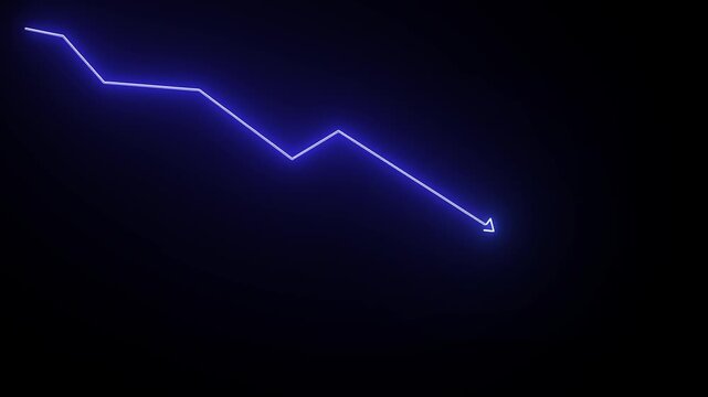 Glowing red neon downward graph with arrow indicating decline, loss, and negative trends on a dark, abstract background, perfect for conveying risk