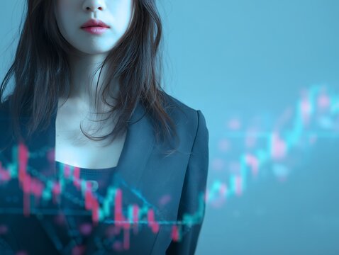 株価チャートを背景にスーツ姿の女性が投資判断に向き合うビジネスシーン表現
