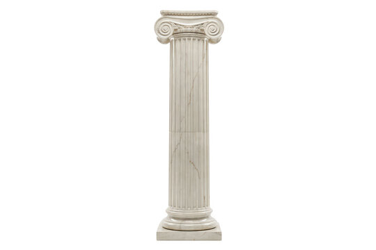 A classic white marble architectural column with an ionic capital, isolated on a white background, representing ancient greek or roman history