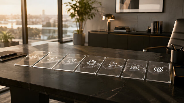 A series of illuminated glass panels on a modern office desk displays a business workflow infographic. Ideal for corporate presentations and strategic planning.
