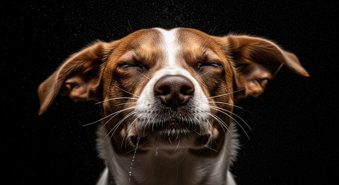 Close-up of a playful happy dog with eyes closed and ears flapping in a joyful expression on a dark background perfect for pet lovers and animal enthusiasts