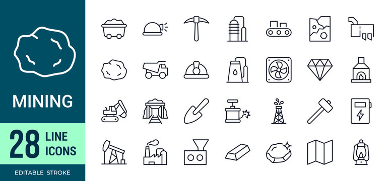 Mining industry line icon set featuring mining equipment, extraction, drilling, minerals, quarry, oil, energy, and geological symbols. Editable stroke