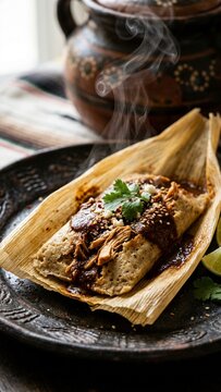 Traditional Mexican tamale with mole sauce and cilantro served steaming on a rustic clay plate