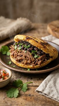 Stuffed Venezuelan arepa with shredded beef and black beans served on rustic wooden table