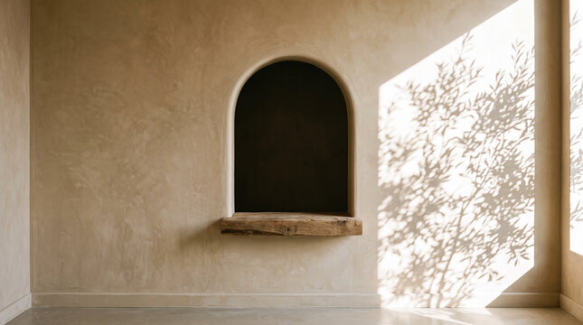 Warm Mediterranean interior wall with arched niche, rustic wooden shelf, and striking botanical shadow play from sunlight