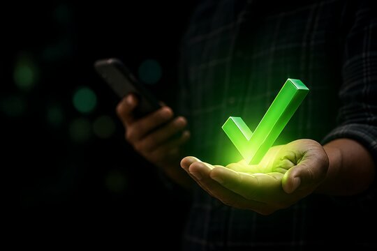 Hand holding smartphone with glowing green checkmark symbol in dark setting