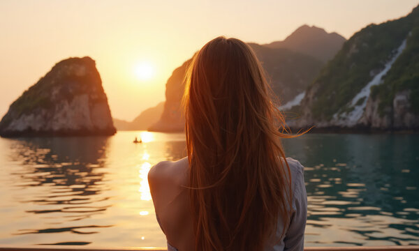 Sunrise cliff woman watching the morning sun over island cliffs from a boat in a tranquil tropical setting