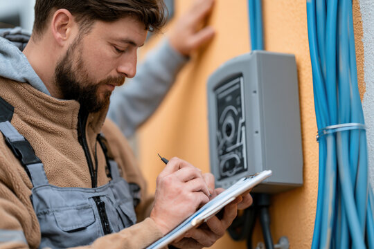 Electrician checks meter while taking notes on tablet