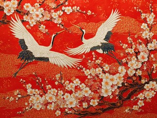 Naklejka premium 赤い背景に梅の花が咲き誇り二羽の鶴が舞う華やかな和風アート作品