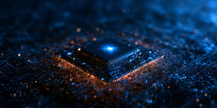Futuristic microchip with glowing core on circuit board representing advanced technology, AI, and computing power