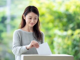 Fototapeta premium 緑あふれる屋外で投票用紙を投函する女性が示す前向きな選挙参加の瞬間
