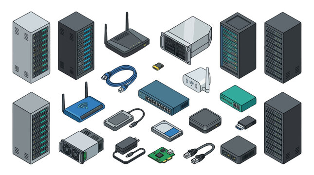 Collection of computer hardware components and networking equipment in isometric view