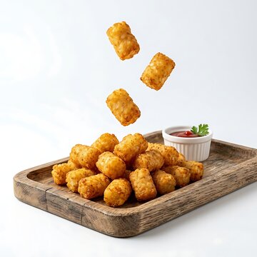 Golden fried tater tots jumping out of wooden serving tray with dipping sauce for appetizer presentation