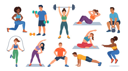 Fototapeta premium Diverse people practicing various fitness exercises and gym workout routines in a flat vector illustration collection