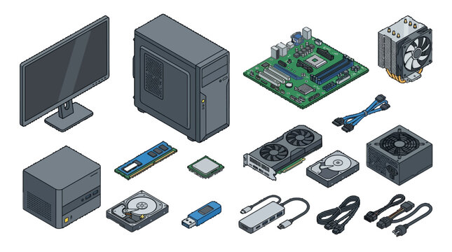 Comprehensive isometric collection of essential computer hardware components for building and upgrading desktop PCs and servers, showcasing modern digital technology elements in a detailed graphic set