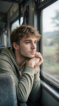 Young man resting chin on hand looking out train window in deep thought journey travel reflection