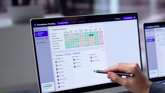 IT Manager Reviews Compliance Dashboard On Dual Touchscreen Laptop