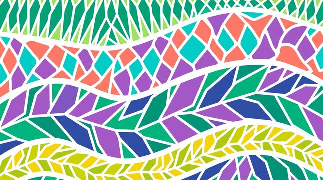 Vibrant geometric pattern features flowing wavy bands filled with colorful mosaic shapes in bright shades of green purple and yellow