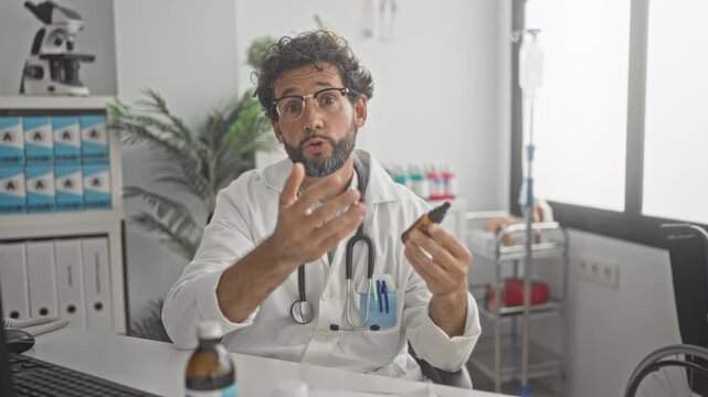 Man doctor holds pill bottle in hand and gestures to explain dosage in building; care reassurance trust.