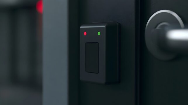 A sleek black access card reader with red and green indicator lights mounted on a dark door next to a metallic handle